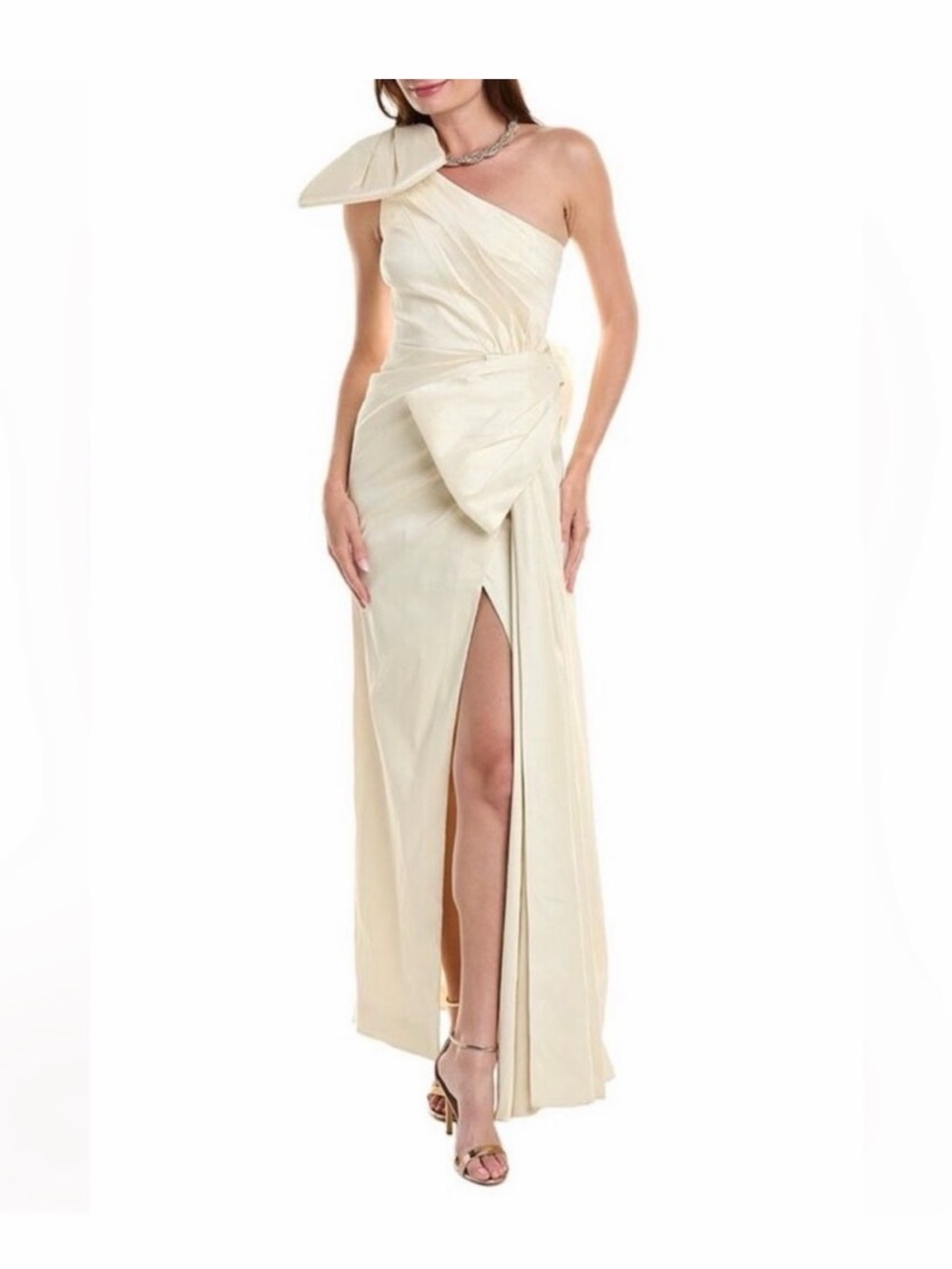 Rachel Gilbert One-Shoulder Cream Gown with Sculpted Bow